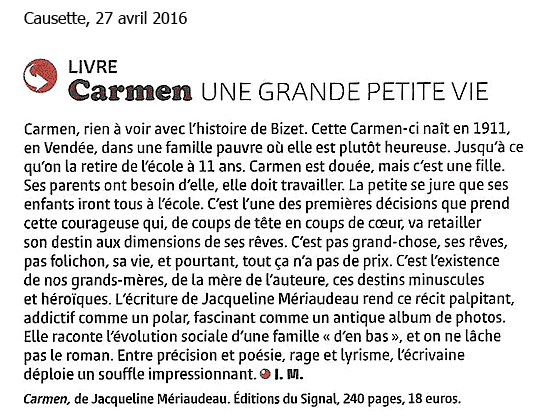 Coupure de presse de l'hebdomadaire Causette publi�e le 27 avril 2016 sur �Carmen� par J. M�riaudeau (�ditions du Signal)