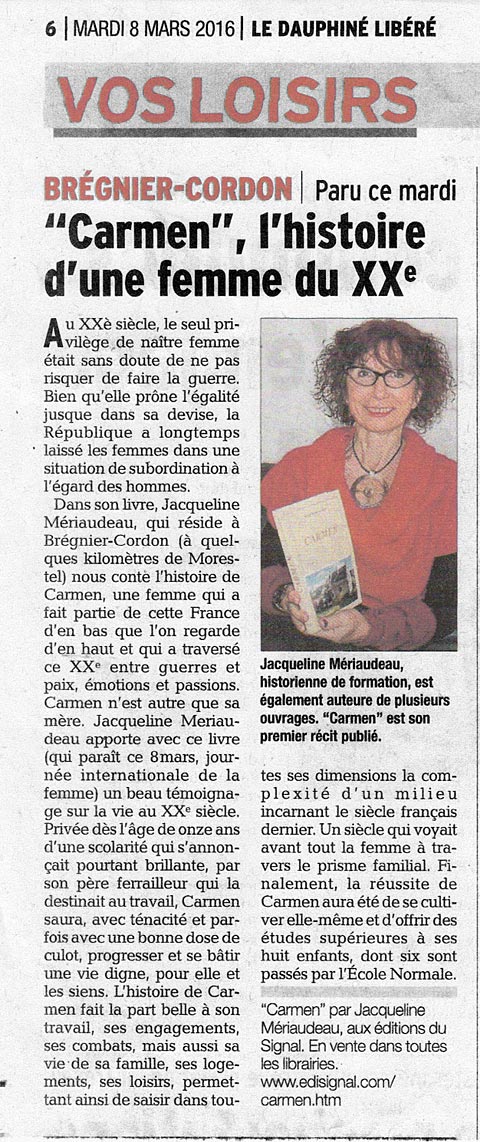 Le Dauphin Libr (presse franaise), article du 8 mars 2016 au sujet de  Carmen  par J. Mriaudeau aux ditions du Signal