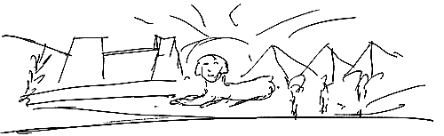 L'Art Royal, chapitre VII, illustration de tte dessine par l'auteur: une forteresse garde par un lion sur fond de soleil levant